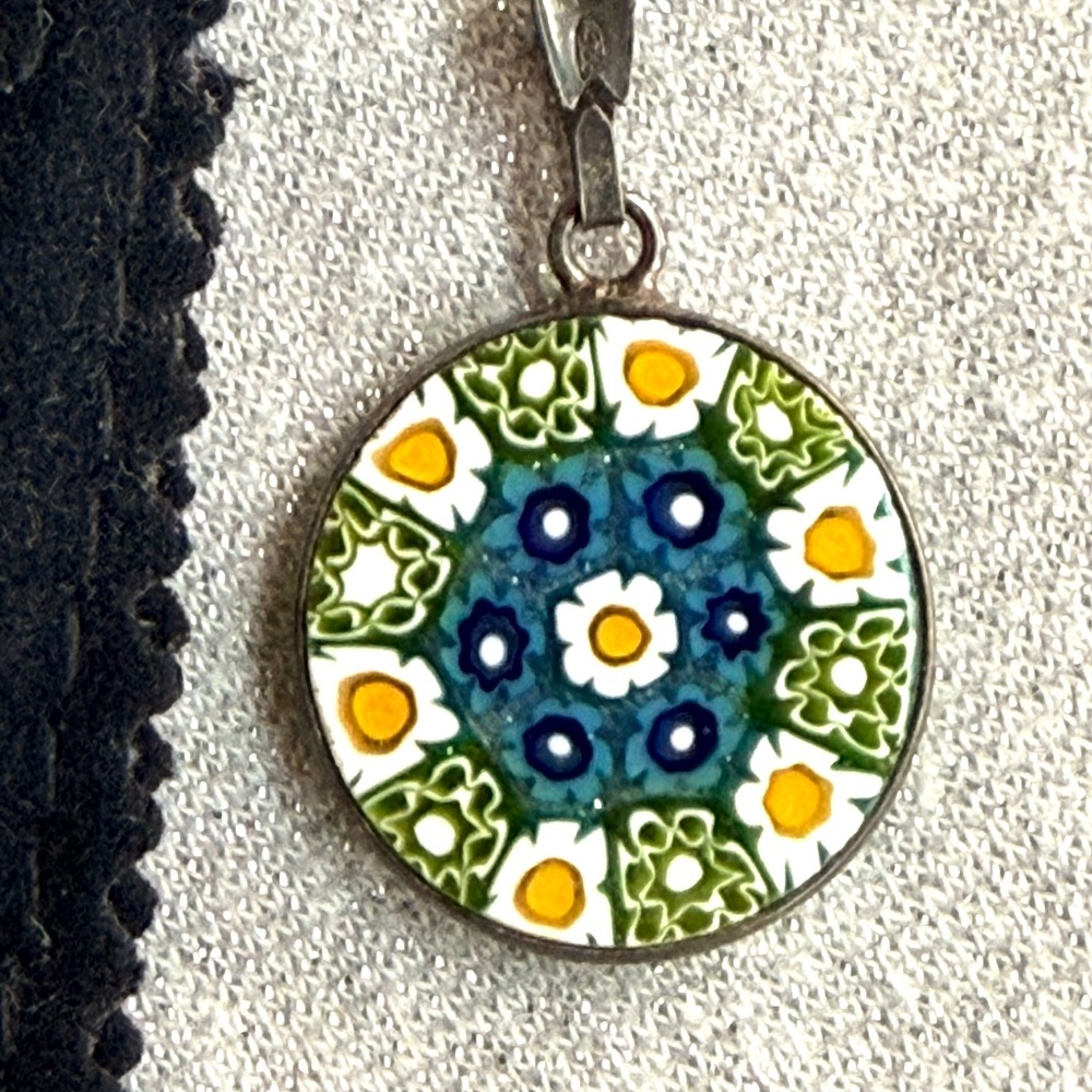 Murano Millefiori Venetian Glass Pendant 925 Silver Bezel Setting Rome Italy